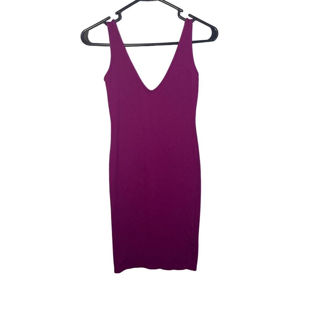 Forever 21 Fuchsia Pink Bodycon Midi Dress Small Deep V Neck Fitted Party Club